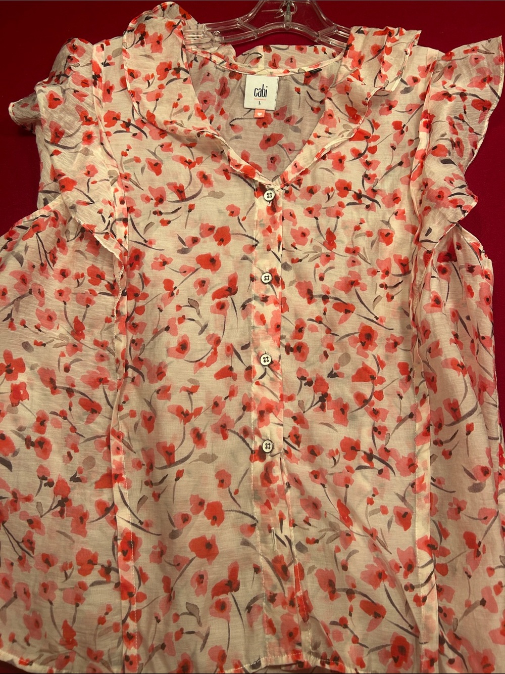 CAbi Coral Pink Floral Ruffle Button Blouse
